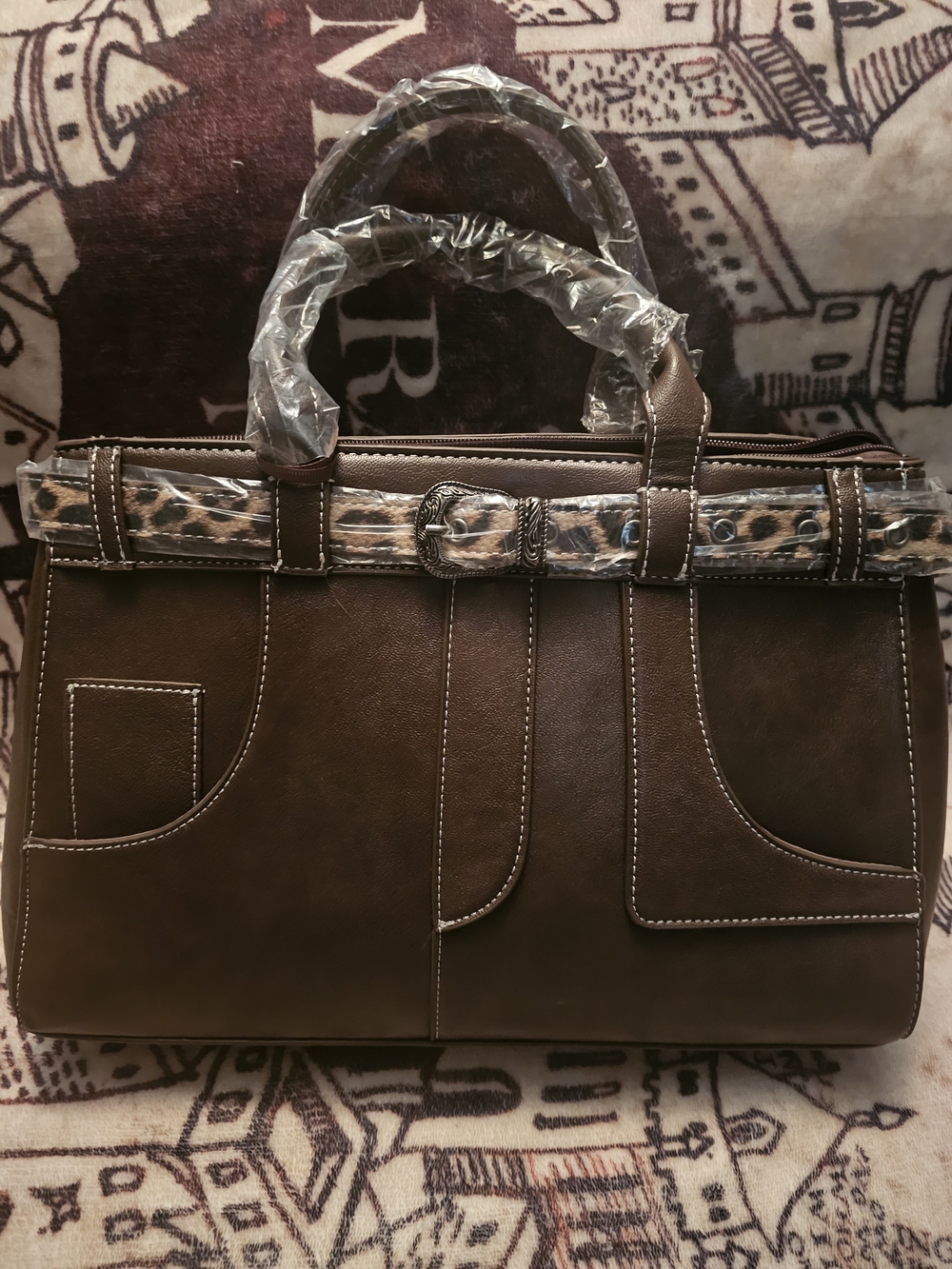 Montana West Brown Faux Leather Satchel with Leopard Accent